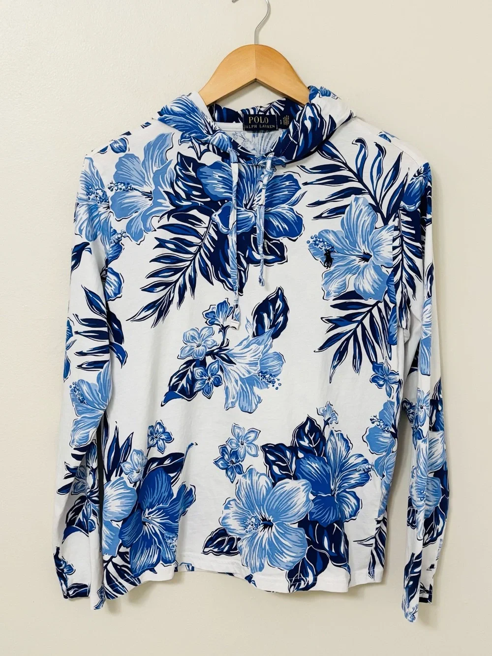 POLO Ralph Lauren Blue Floral Tropical Cotton Jersey Hooded T-Shirt S